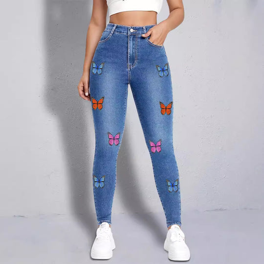 Damen enganliegende High‑Waist Jeansleggings mit buntem Schmetterling-Print Nord Taschen