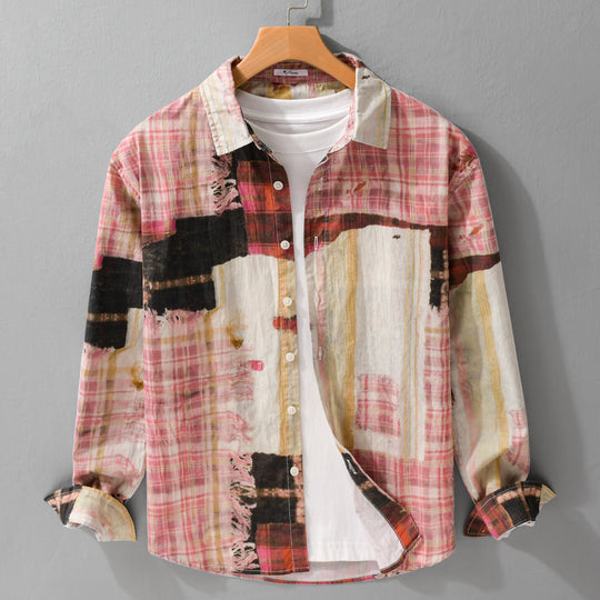 Herren Relaxed Patchwork-Karo Hemdjacke mit ausgefransten Kanten und Crinkle-Finish Nord Taschen