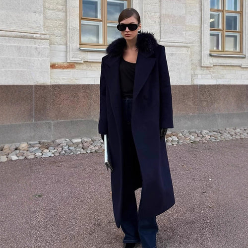 Damen langer Wollmix-Mantel mit großzügigem Kunstpelz‑Schalkragen und Oversize‑Schnitt Nord Taschen