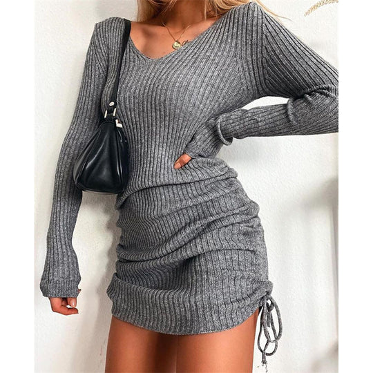 Damen Figurbetontes Rippstrick-Minikleid mit langen Ärmeln und seitlicher Raffung Nord Taschen