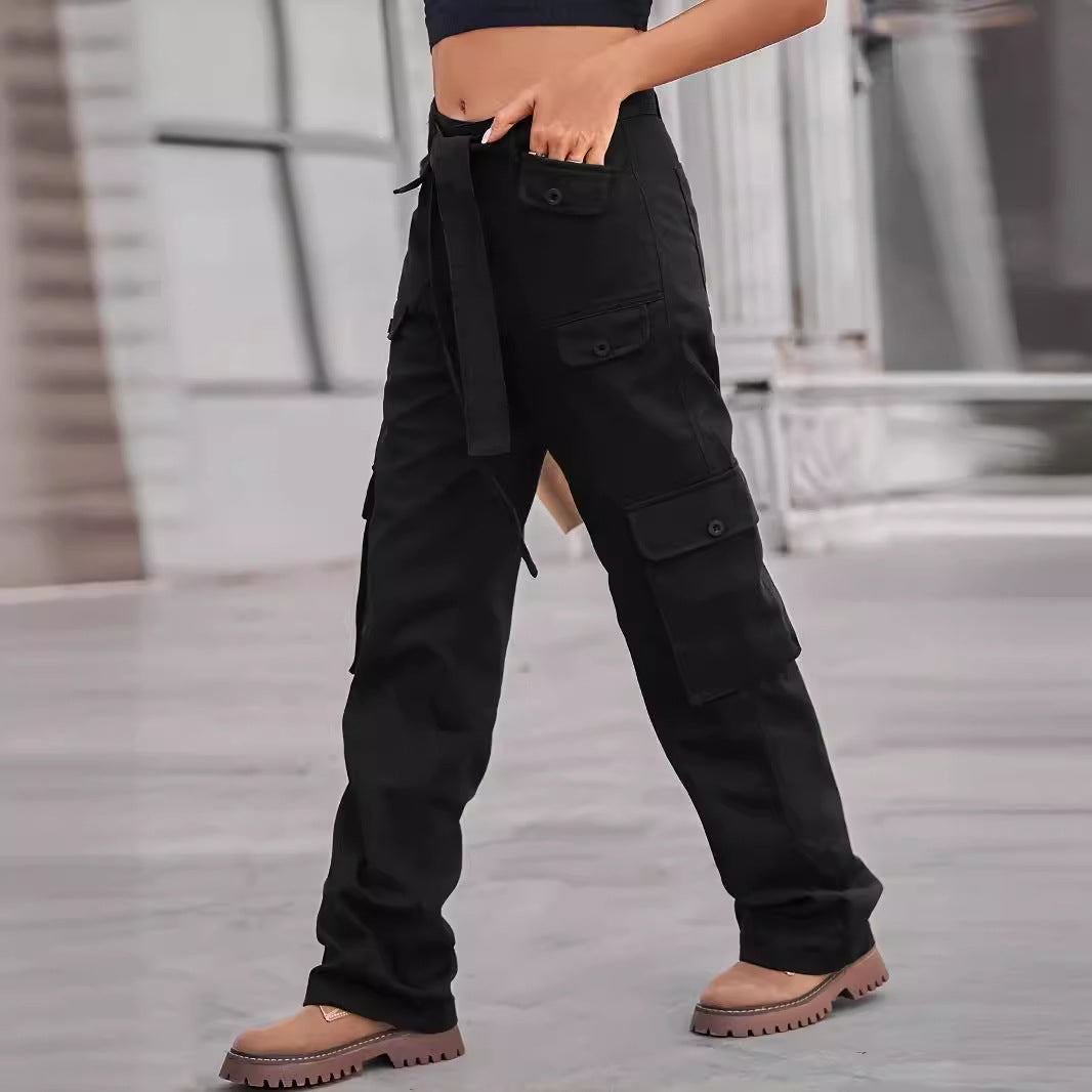 Damen Cargo-Hose mit hoher Taille, Bindegürtel und Mehrfach‑Pattentaschen Nord Taschen
