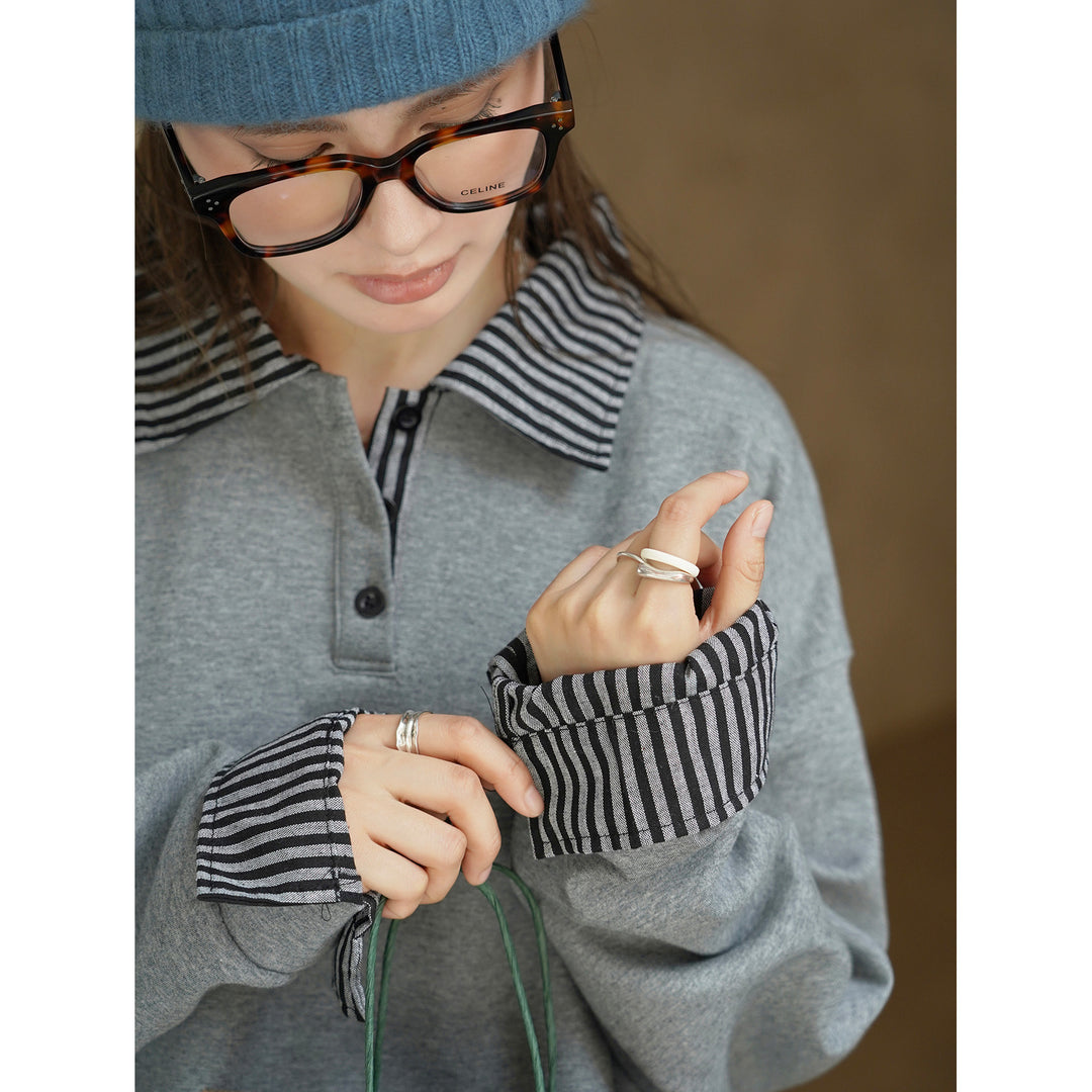 Damen Relaxed-Fit Sweatshirt mit gestreiftem Kragen- und Manschettenbesatz Nord Taschen