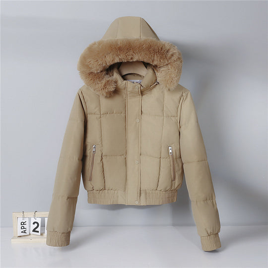 Damen nan wattierte Kurzjacke im Blousonstil mit Kapuze und kuscheligem Webpelzbesatz Nord Taschen
