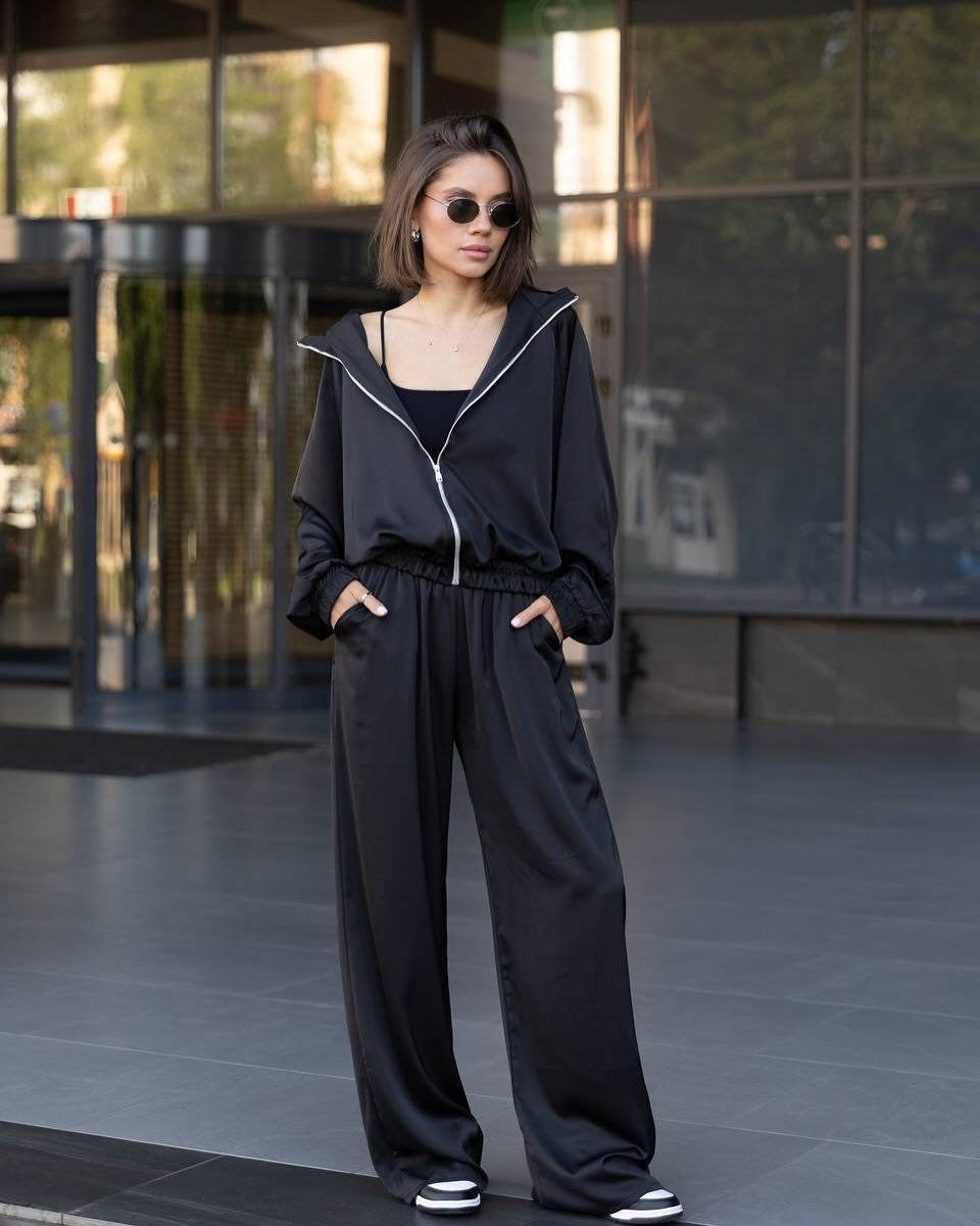 Damen lässiges Zweiteiler Set aus fließender Satinoptik mit weitem Bund und Crop-Top Nord Taschen