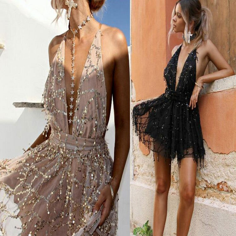 Damen Glitzerndes Cocktailkleid mit Tiefem V-Ausschnitt und Schwingendem Rock