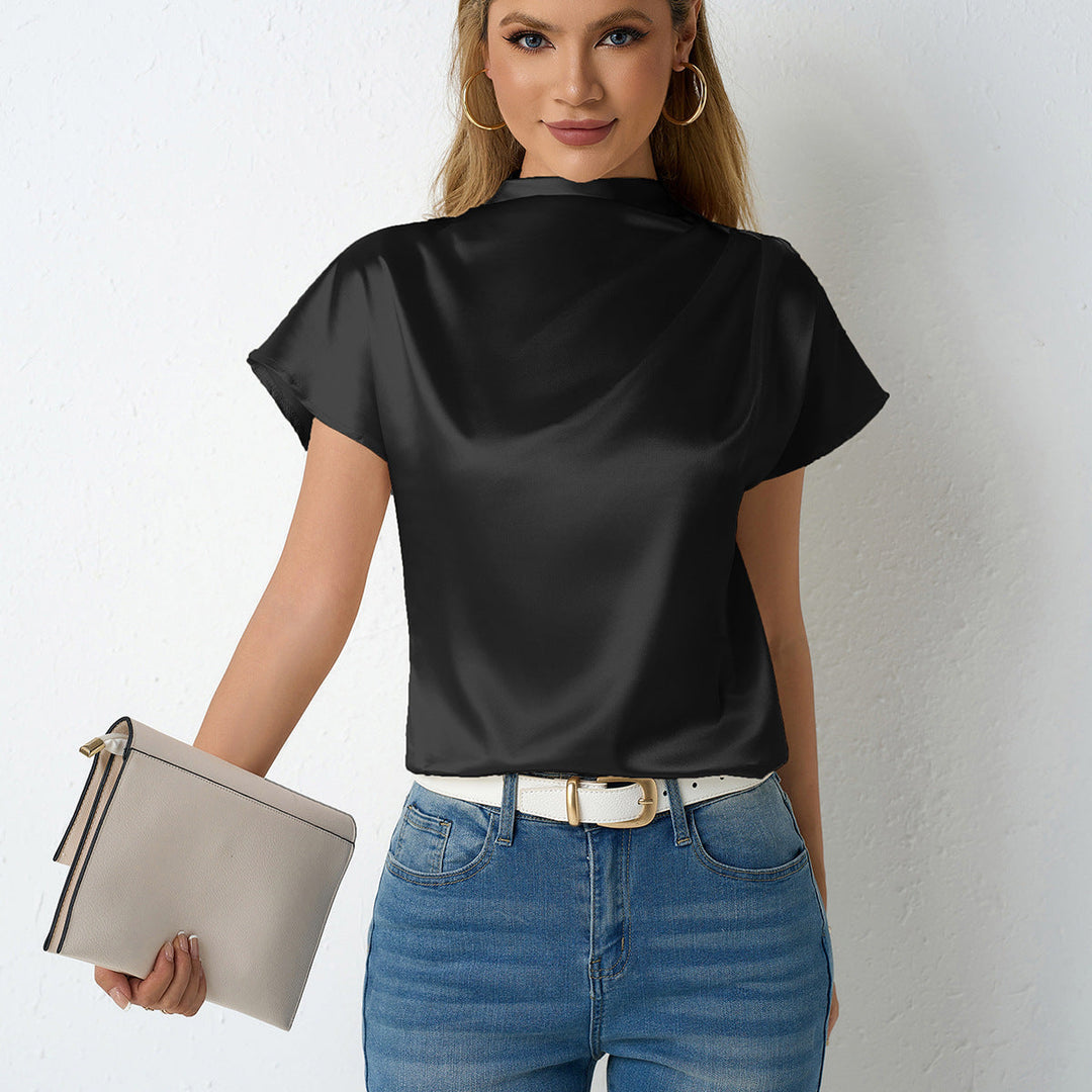 Damen elegante Satin Bluse mit Stehkragen