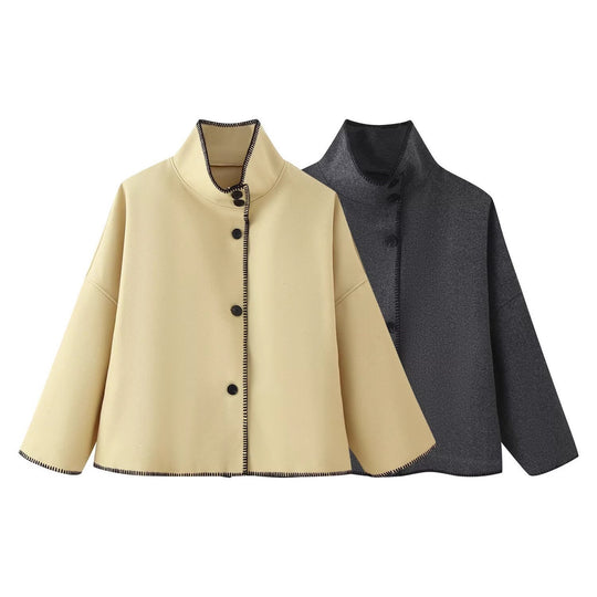 Damen Kurzer kastiger Mantel‑Cape mit Stehkragen und Kontrast‑Ziernaht Nord Taschen