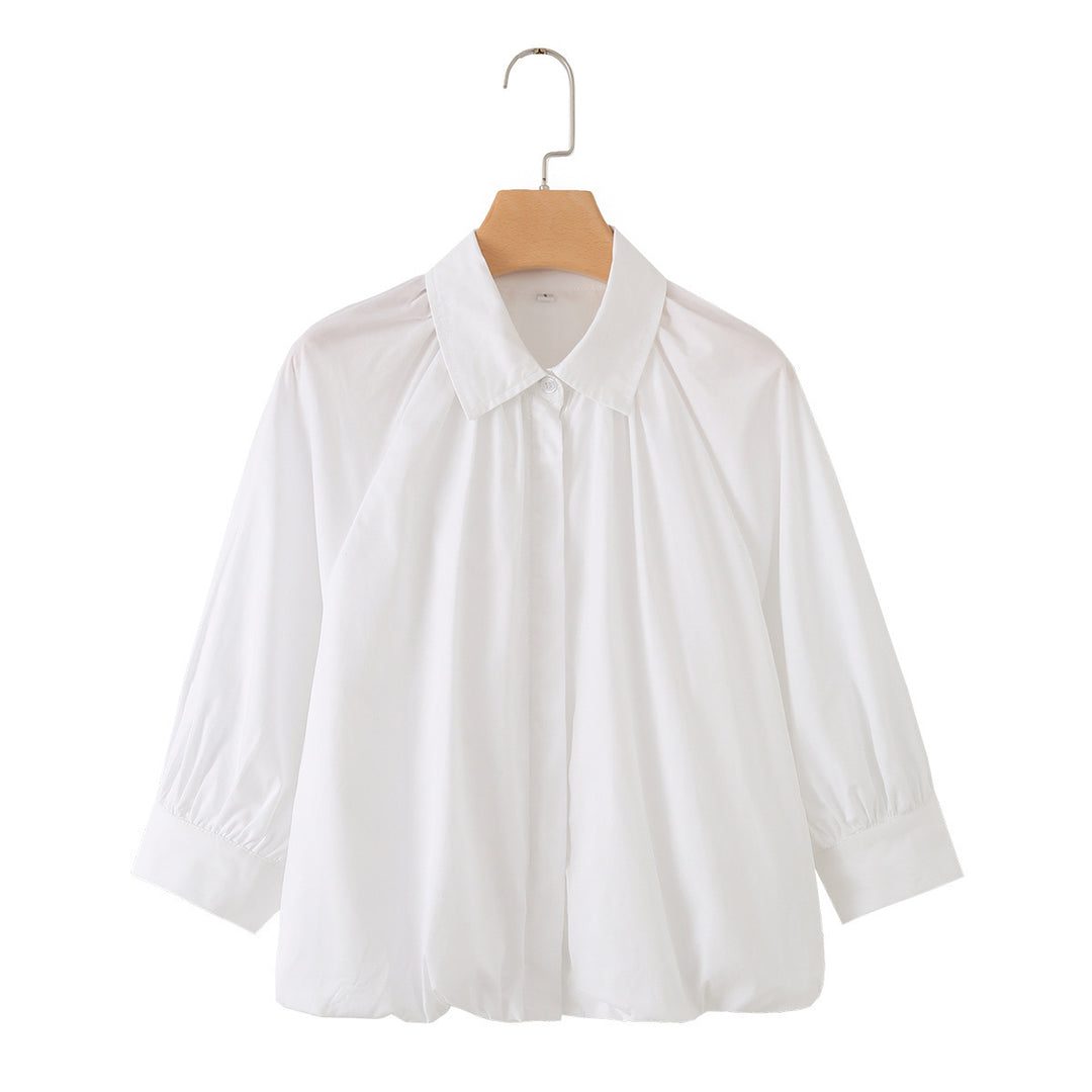 Damen Weites Blusenshirt mit Kellerfalten Ballonärmeln und Hemdkragen Nord Taschen