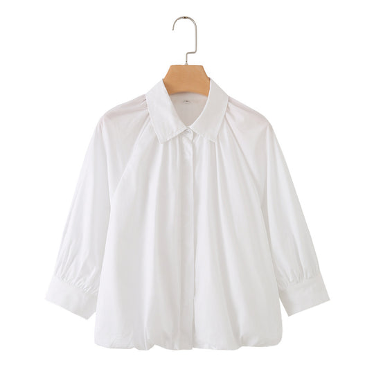 Damen Weites Blusenshirt mit Kellerfalten Ballonärmeln und Hemdkragen Nord Taschen