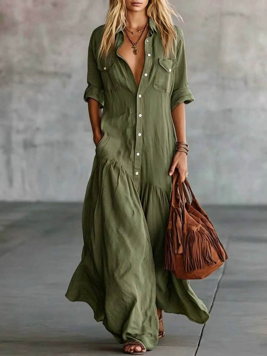 Damen Langes fließendes Hemdblusen-Maxikleid mit Knopfleiste, aufgesetzten Brusttaschen und seitlichen Eingrifftaschen Nord Taschen