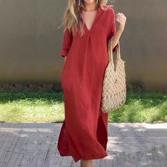 Damen Maxi-Kleid mit eleganter V-Ausschnitt und praktischen Taschen