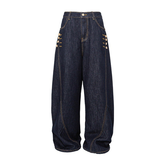 Damen Weite High‑Waist Jeanshose mit Ballon‑Silhouette und seitlichen Zierknöpfen Nord Taschen