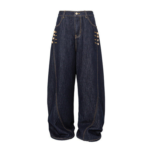 Damen Weite High‑Waist Jeanshose mit Ballon‑Silhouette und seitlichen Zierknöpfen Nord Taschen