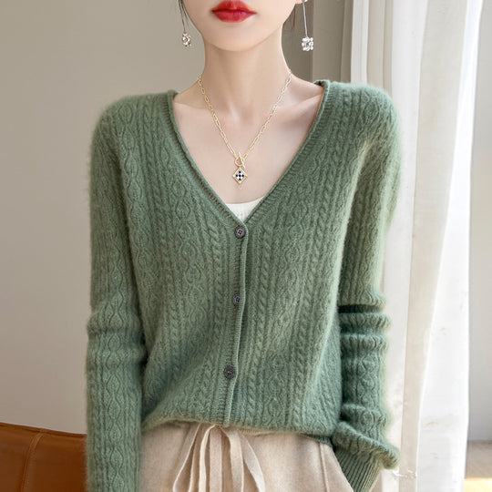 Damen Kurzer Zopfmuster-Cardigan im Mohair-Look mit V‑Ausschnitt und gerippten Bündchen Nord Taschen