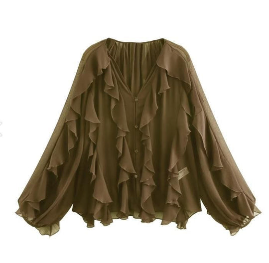 Damen Rüschenbluse mit weitem Schnitt und ballonartigen Ärmeln