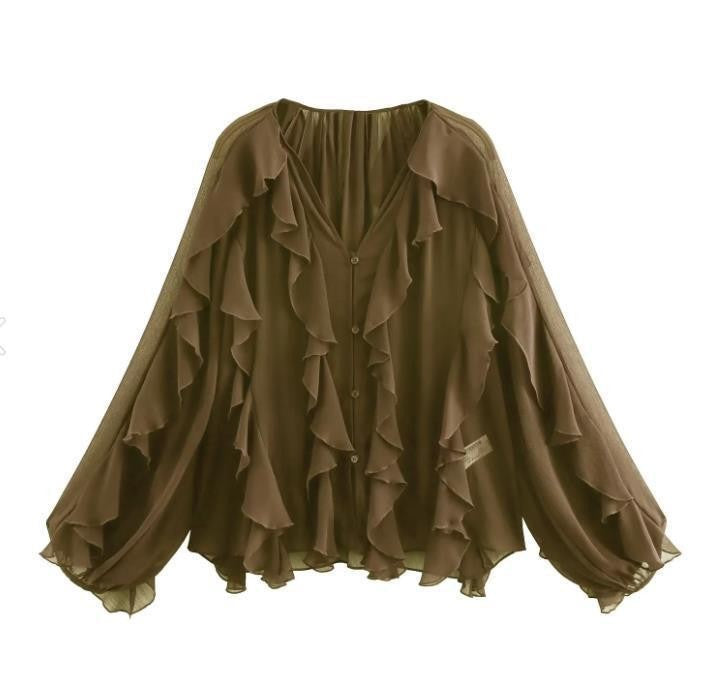 Damen Rüschenbluse mit weitem Schnitt und ballonartigen Ärmeln