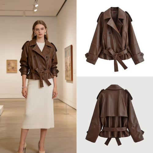 Damen Kurz geschnittener Kunstleder-Trenchcoat mit Bindegürtel und Schulterriegel Nord Taschen