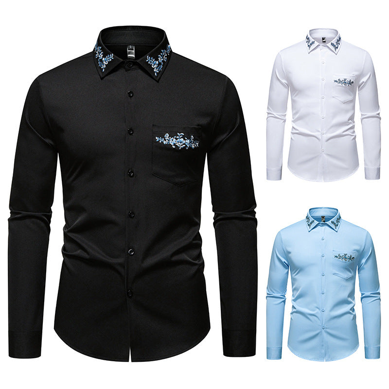 Herren Elegantes Slim-Fit Hemd mit floraler Stickerei am Kragen und aufgesetzter Brusttasche Nord Taschen