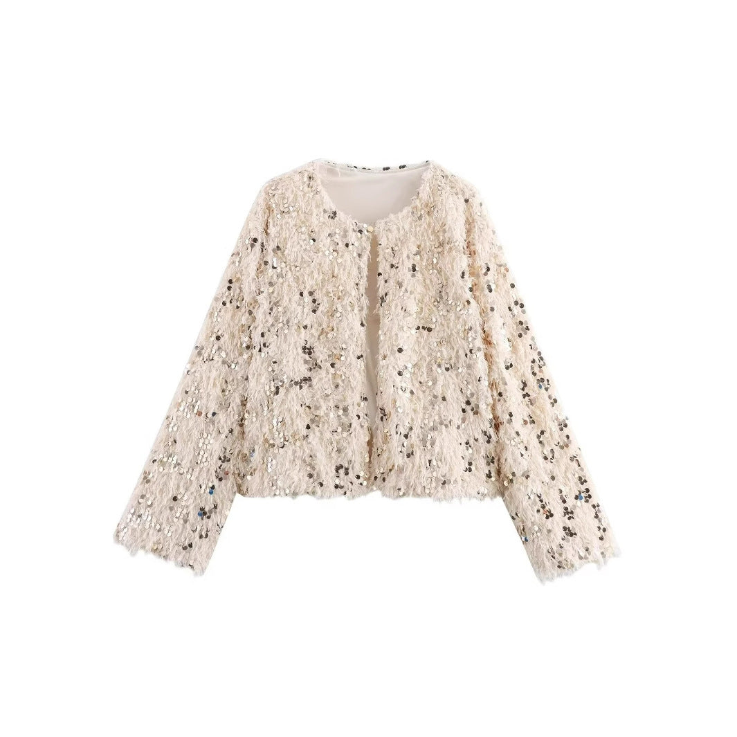 Damen Cropped‑Jacke aus flauschigem Faux‑Fur mit Paillettenbesatz Nord Taschen