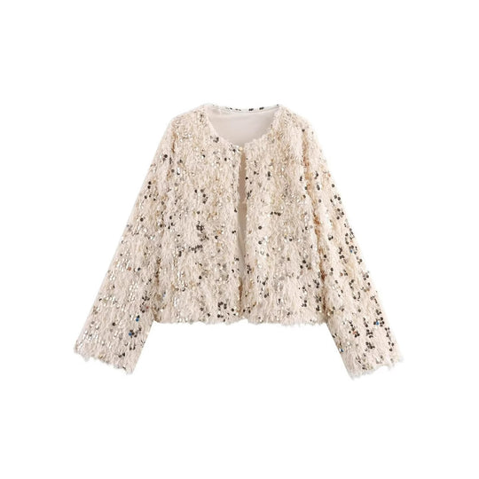 Damen Cropped‑Jacke aus flauschigem Faux‑Fur mit Paillettenbesatz Nord Taschen