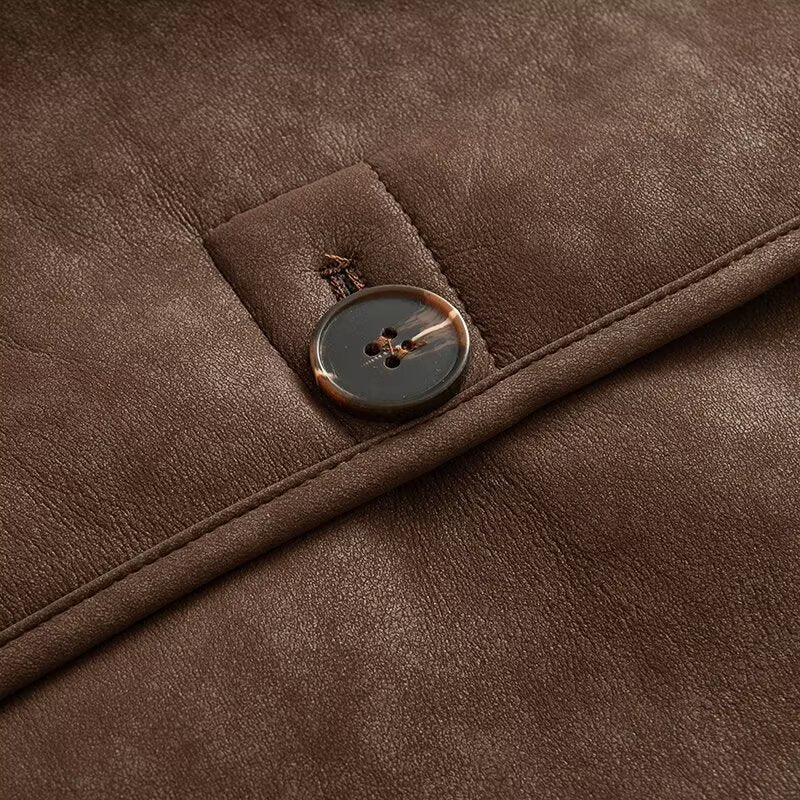 Damen Kurze Lammfelloptik-Jacke mit Stehkragen und Knopfleiste Nord Taschen