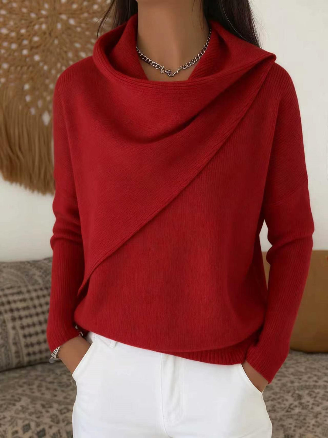 Damen Asymmetrischer Grobstrick-Pullover mit Schalkragen Nord Taschen