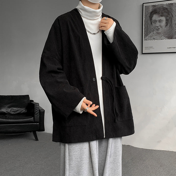 Herren oversized Cord-Kimono-Cardigan mit Kordelzug, aufgesetzten Taschen und Tropfenärmeln Nord Taschen