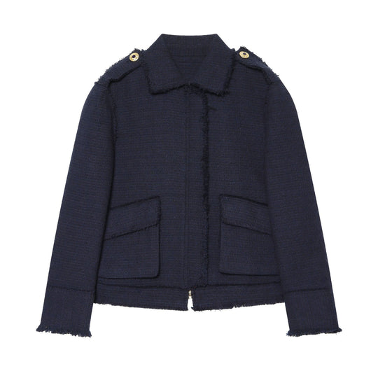Damen Bouclé‑Tweed Kurzblouson mit Fransen‑Detail, Pattentaschen und Schulterpatten Nord Taschen