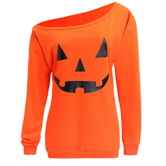Damen Oversize Off-Shoulder Strickpullover mit Halloween-Kürbismotiv Nord Taschen