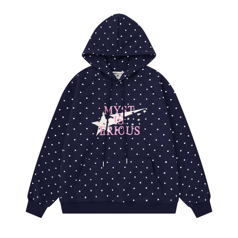 Damen Oversize-Kapuzenpullover mit Polka-Dot-Allover, Kängurutasche und Stern-Grafik Nord Taschen