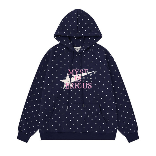 Damen Oversize-Kapuzenpullover mit Polka-Dot-Allover, Kängurutasche und Stern-Grafik Nord Taschen