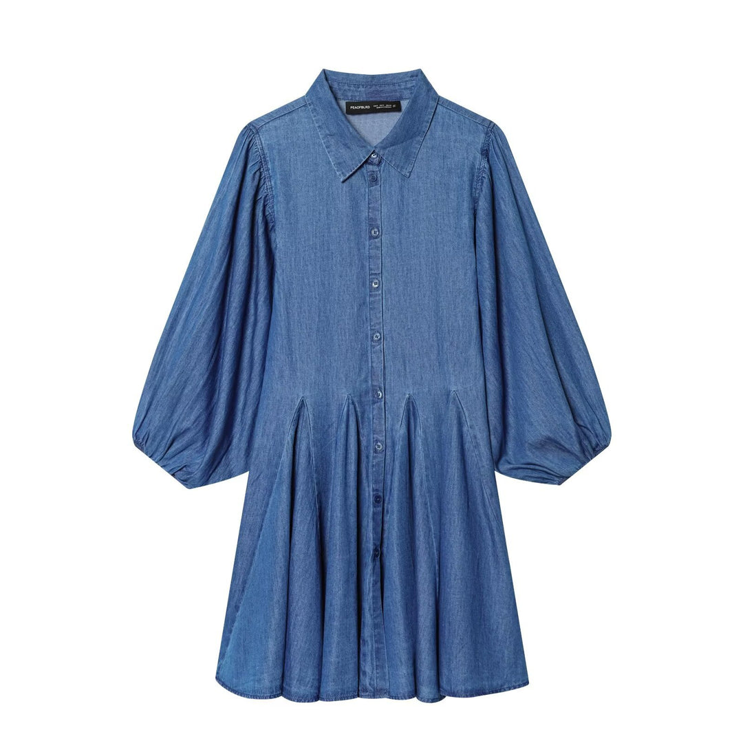 Damen Knielanges Hemdblusenkleid aus Denim mit Ballonärmeln und Faltenrock Nord Taschen