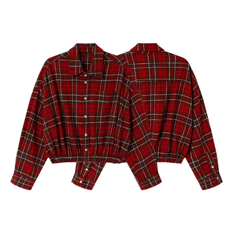 Damen Kurz geschnittene Oversize-Hemdjacke im Karo‑Flanell mit Gummizugsaum Nord Taschen