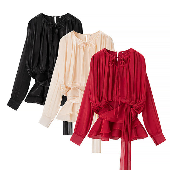 Damen Chiffon-Bluse mit geraffter Taille, Wickelband und Volant-Saum Nord Taschen