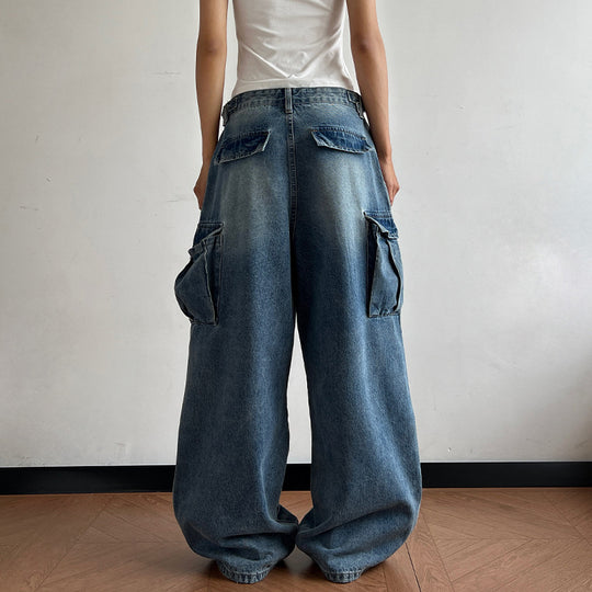 Damen Ultraweite Palazzodenim-Cargohose mit tiefem Schritt und übergroßen Klappentaschen Nord Taschen