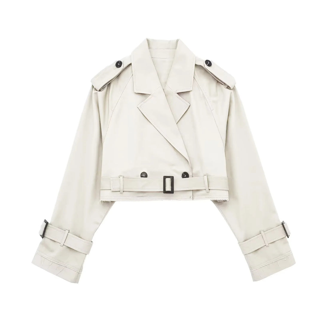 Damen kurzgeschnittene Trenchjacke mit Epauletten, Taillengürtel und verstellbaren Manschetten Nord Taschen