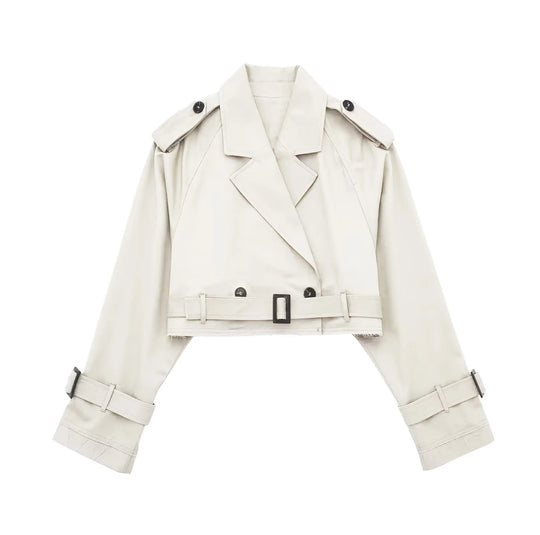 Damen kurzgeschnittene Trenchjacke mit Epauletten, Taillengürtel und verstellbaren Manschetten Nord Taschen