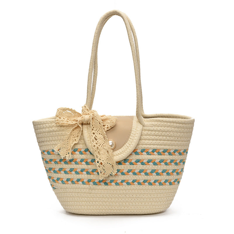 Damen Jute-Handtasche mit dekorativem Spitzenband Nord Taschen