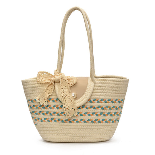 Damen Jute-Handtasche mit dekorativem Spitzenband Nord Taschen
