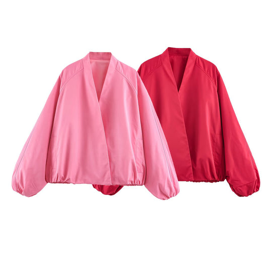 Damen Oversize-Kimono Kurzjacke mit Ballonärmeln und elastischem Saum Nord Taschen