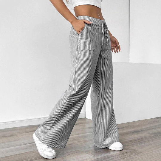 Damen weiche High-Waist Loungehose mit weitem Bein Tunnelzug und aufgesetzten Taschen Nord Taschen
