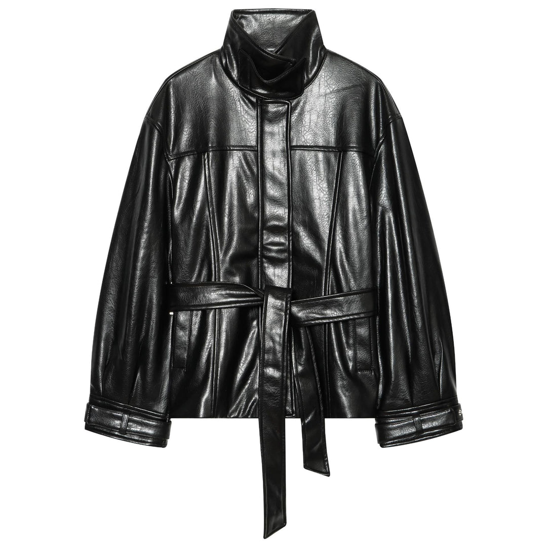 Damen Glänzende Kunstleder‑Blousonjacke mit hohem Funnelkragen und Taillengürtel Nord Taschen