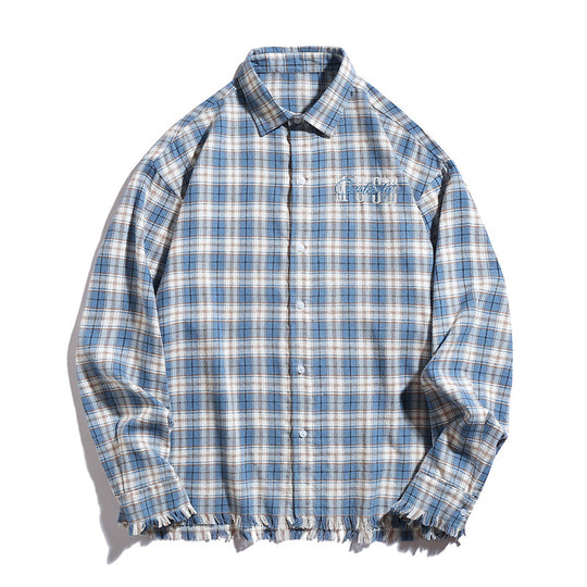 Unisex Overshirt im Karo-Look mit fransigem Saum, Bruststickerei und Knopfleiste Nord Taschen
