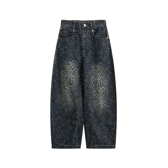 Damen Kurzgeschnittene Weite Jeans mit hoher Taille und Leopardenmuster Nord Taschen