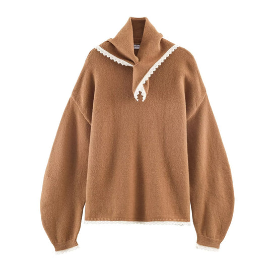 Damen Oversize-Strickpullover mit Schlauchkragen und Spitzenborte Nord Taschen