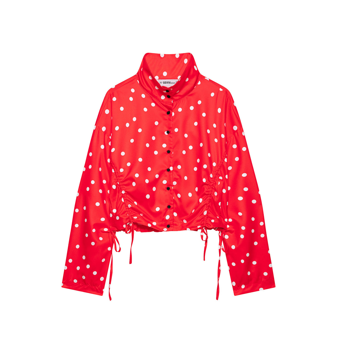 Damen Gepunktete Cropped Blousonjacke mit Stehkragen und Tunnelzug Nord Taschen