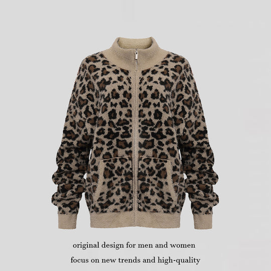 Damen Flauschige Teddy-Fleece-Jacke mit Leopardenmuster und Frontreißverschluss Nord Taschen