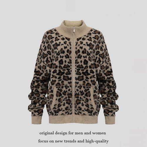 Damen Flauschige Teddy-Fleece-Jacke mit Leopardenmuster und Frontreißverschluss Nord Taschen