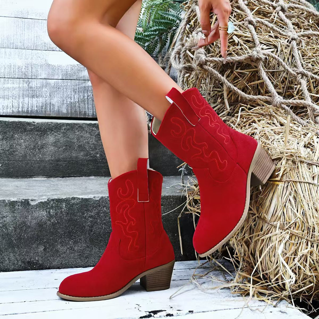 Damen Kurzschaft-Ankleboots im Westernstil aus Velours mit gestickter Ziernaht und Blockabsatz Nord Taschen