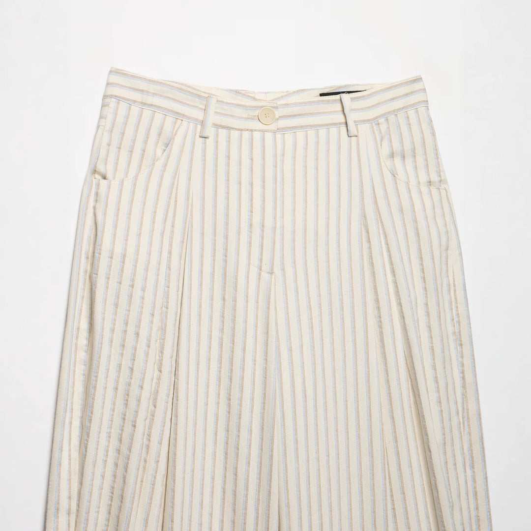 Damen Weite High‑Waist‑Hose aus leichter Baumwollmischung mit feinem Nadelstreifen und Bundfalten Nord Taschen